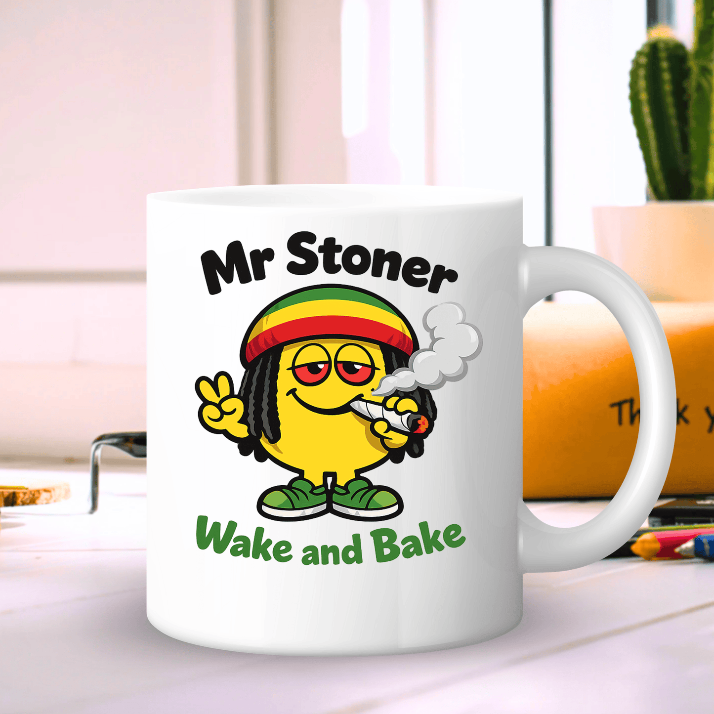 Mr Stoner Wake and Bake edition novelty ceramic coffee mug - side view