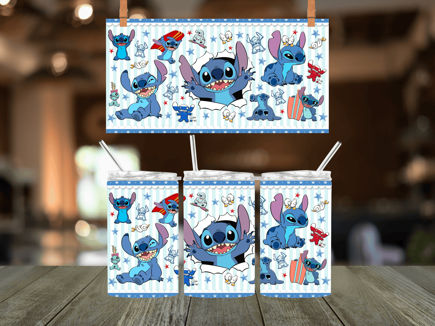 12oz Stitch-inspired insulated stainless steel tumbler with galactic design on blue striped background