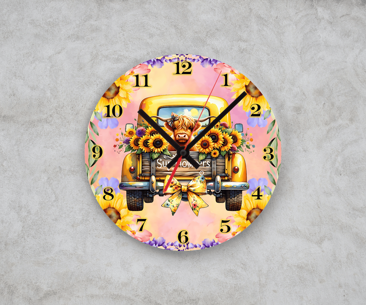 Highland cow and sunflowers vintage truck design 20cm glass wall clock