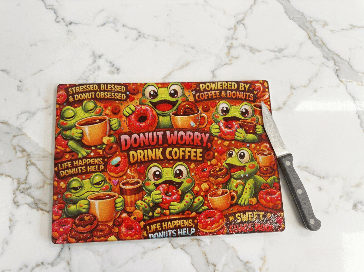 20x28cm textured glass chopping board featuring cartoon frogs, coffee and doughnut design