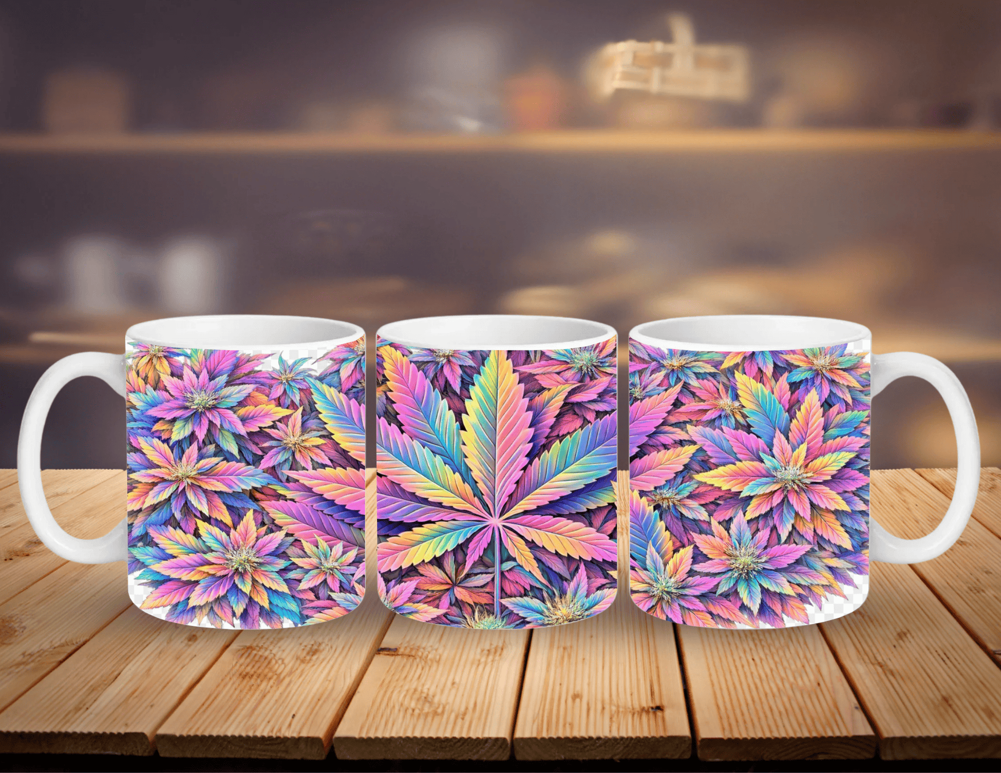 Geometric cannabis leaf ceramic mug with vibrant colours and high-gloss finish"