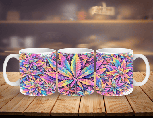 Geometric cannabis leaf ceramic mug with vibrant colours and high-gloss finish"