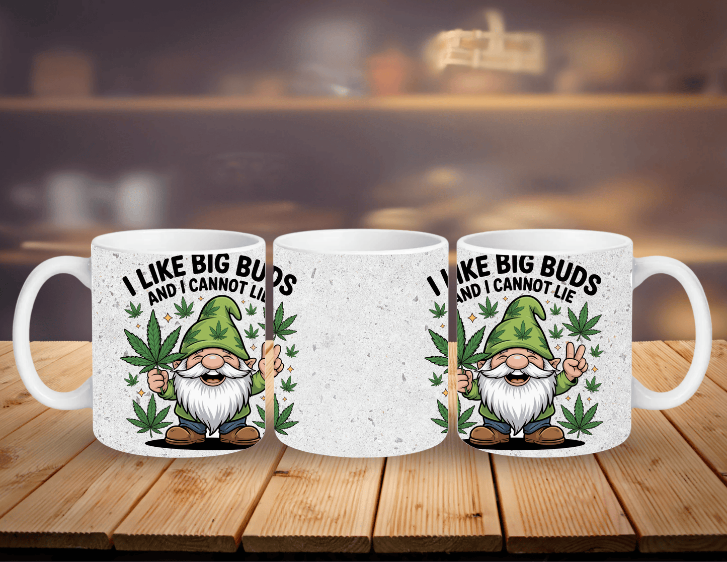 "Retro gnome Big Buds 11oz novelty cannabis coffee mug"