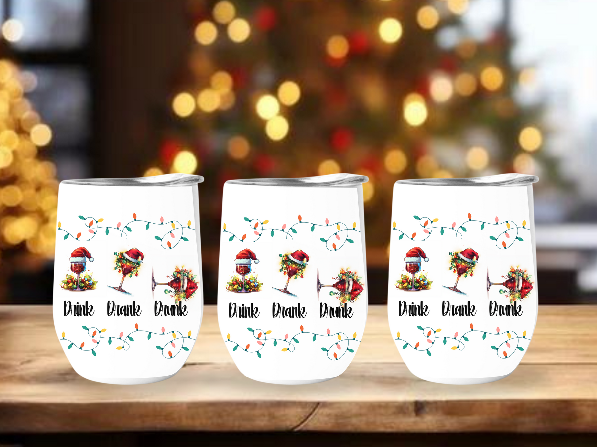 Drink Drank Drunk Christmas wine tumbler with festive Santa hat and holiday lights design