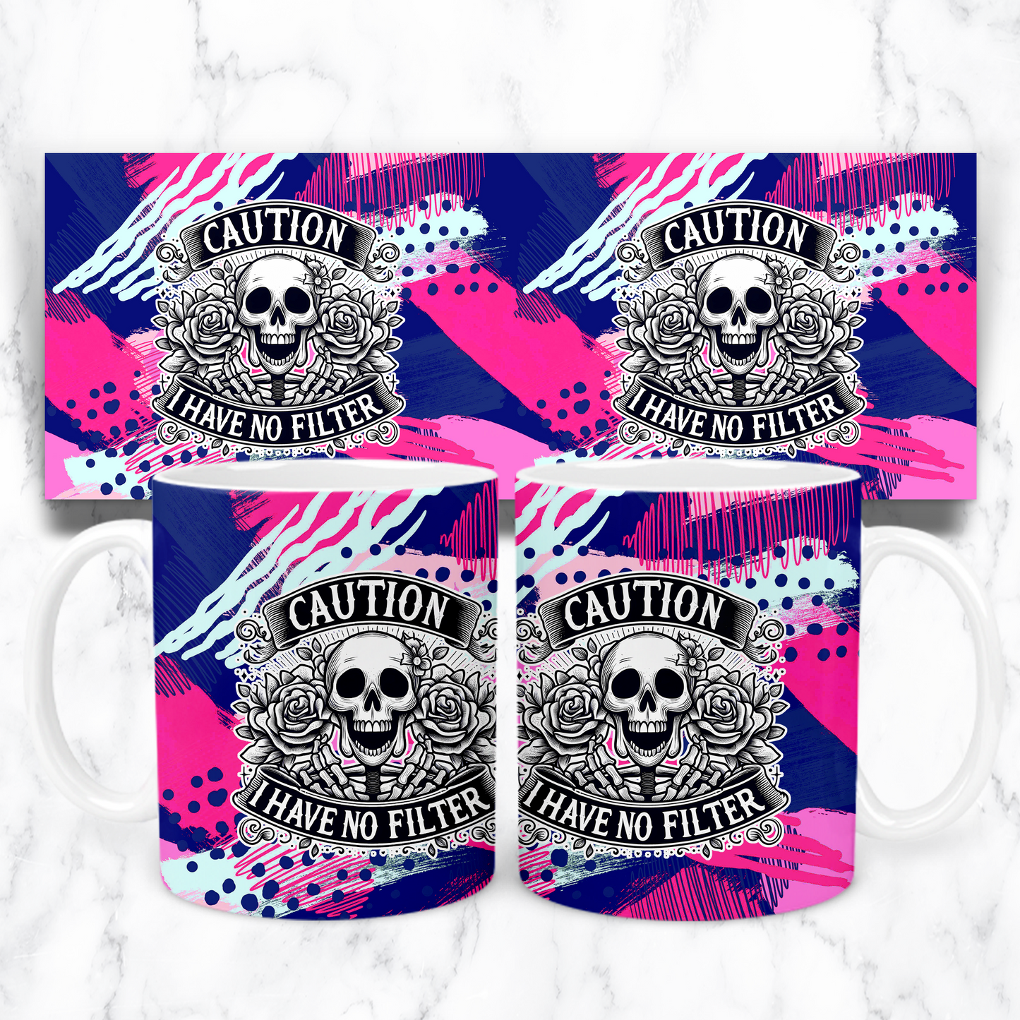  "Caution I Have No Filter skull and roses novelty ceramic mug - side view"