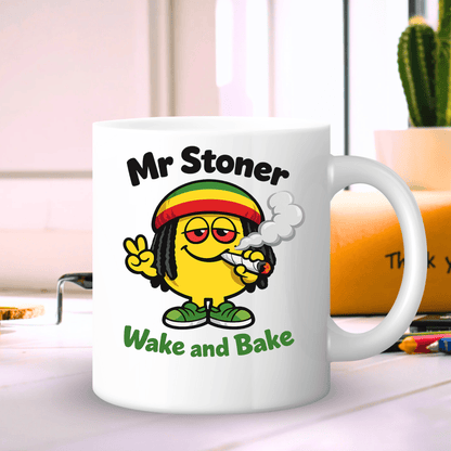 Mr Stoner Wake and Bake edition novelty ceramic coffee mug - side view