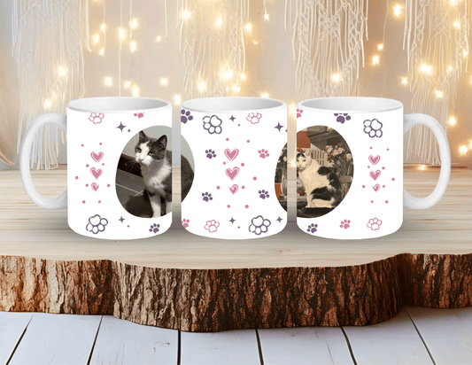 Personalised pet photo mug in pink and purple with custom dog/cat print