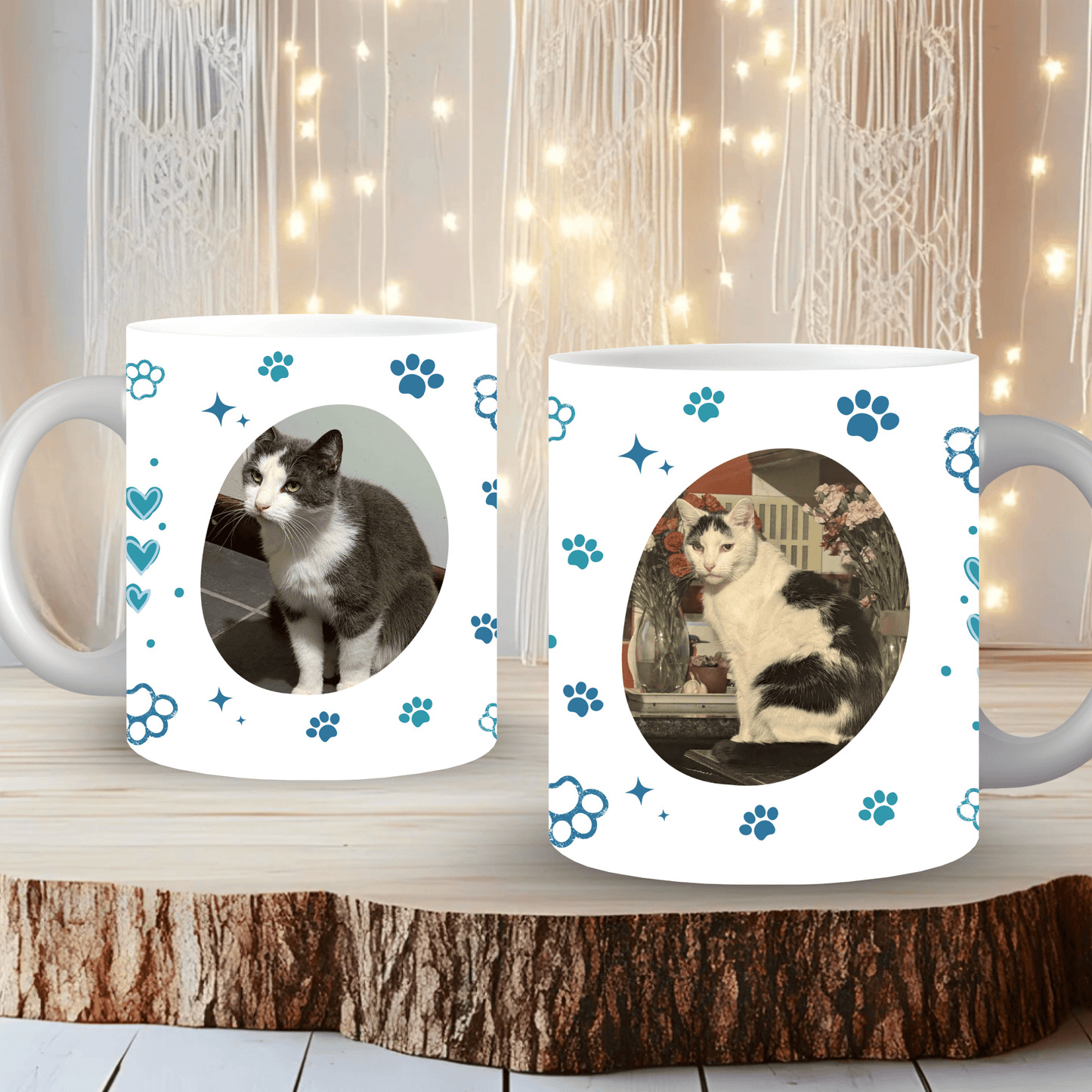 Close-up of blue personalised pet mug showing vibrant wrap-around photo print