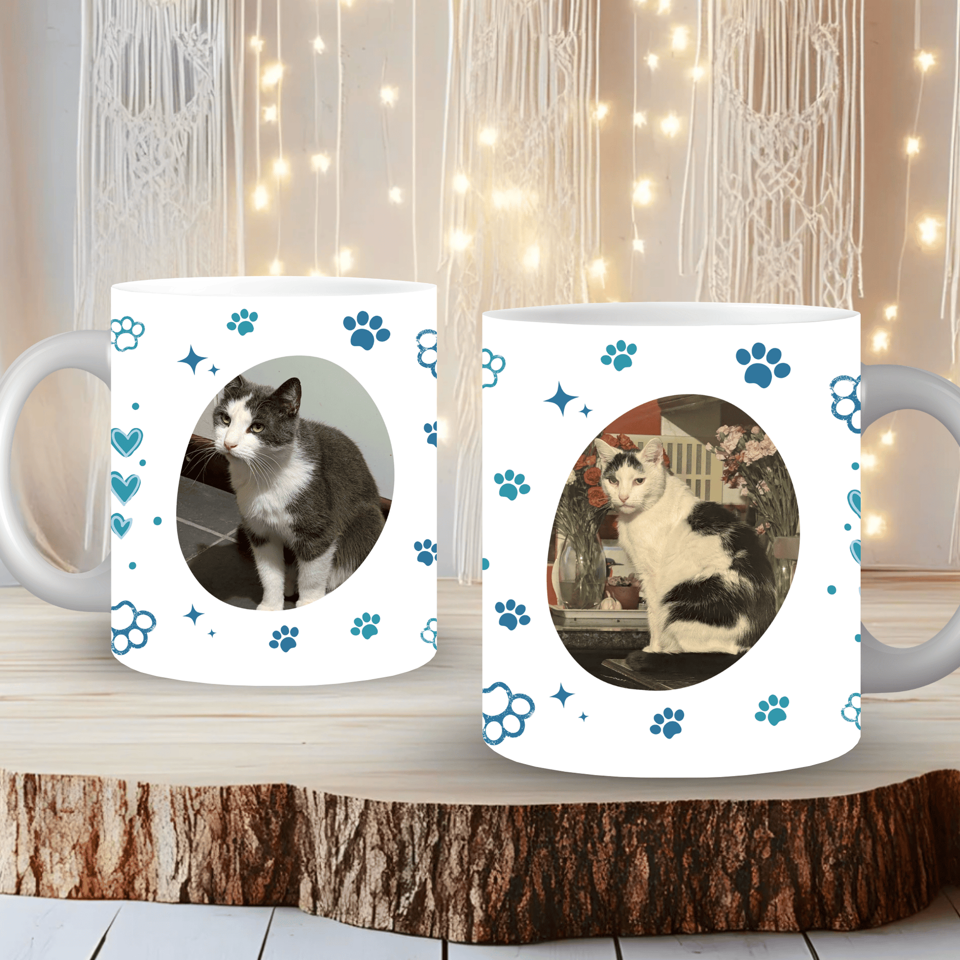 Close-up of blue personalised pet mug showing vibrant wrap-around photo print