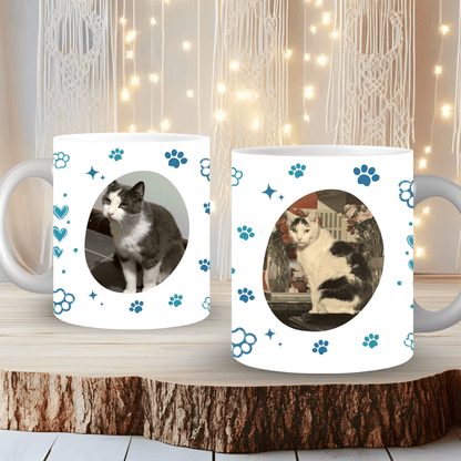 Close-up of blue personalised pet mug showing vibrant wrap-around photo print