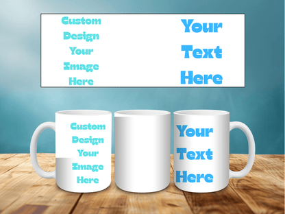Personalised 15oz ceramic mug with custom photo and message, glossy white finish – front/side view