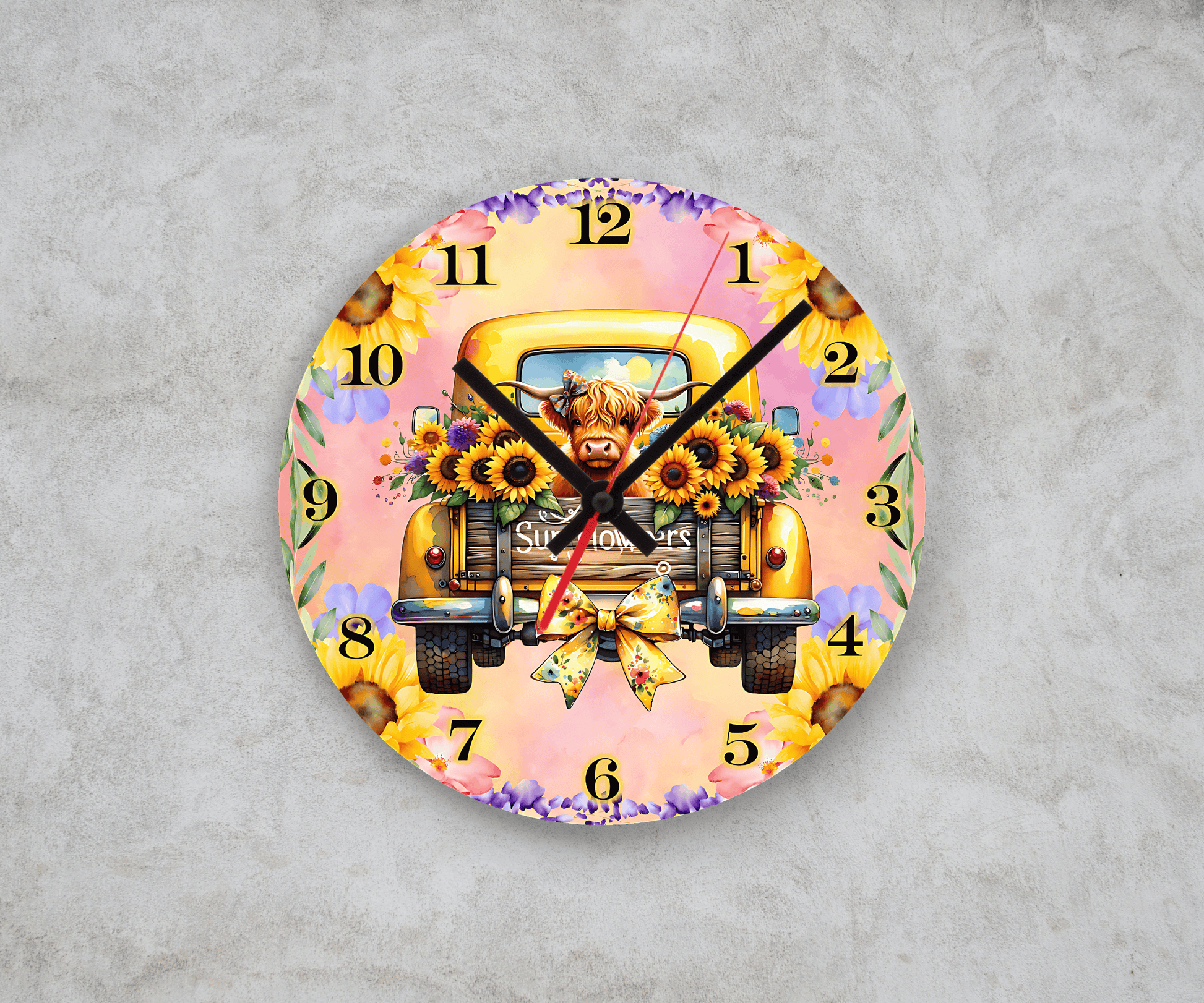 Highland cow and sunflowers vintage truck design 20cm glass wall clock