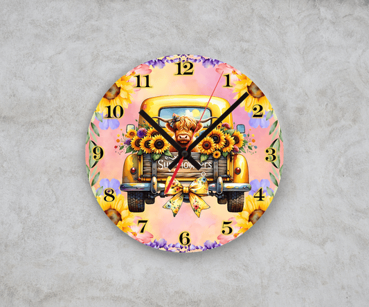 Highland cow and sunflowers vintage truck design 20cm glass wall clock