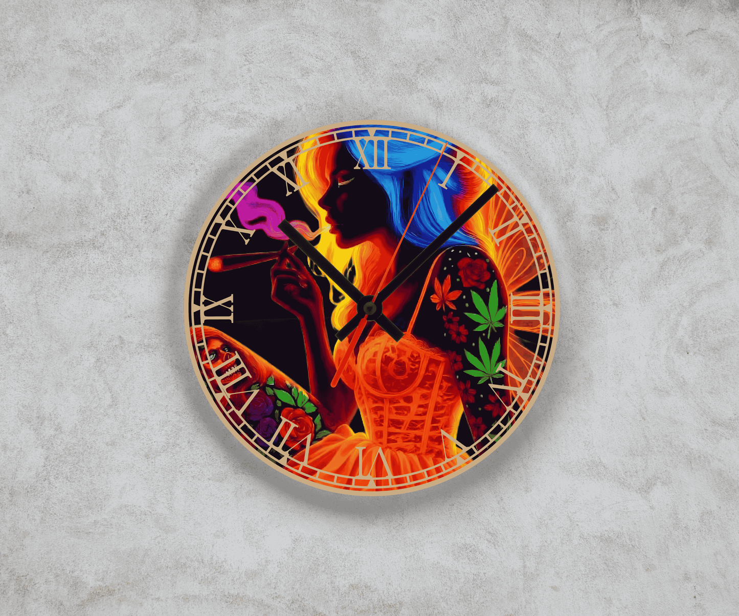 Midnight bloom psychedelic neon silhouette glass wall clock