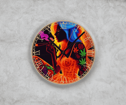 Midnight bloom psychedelic neon silhouette glass wall clock