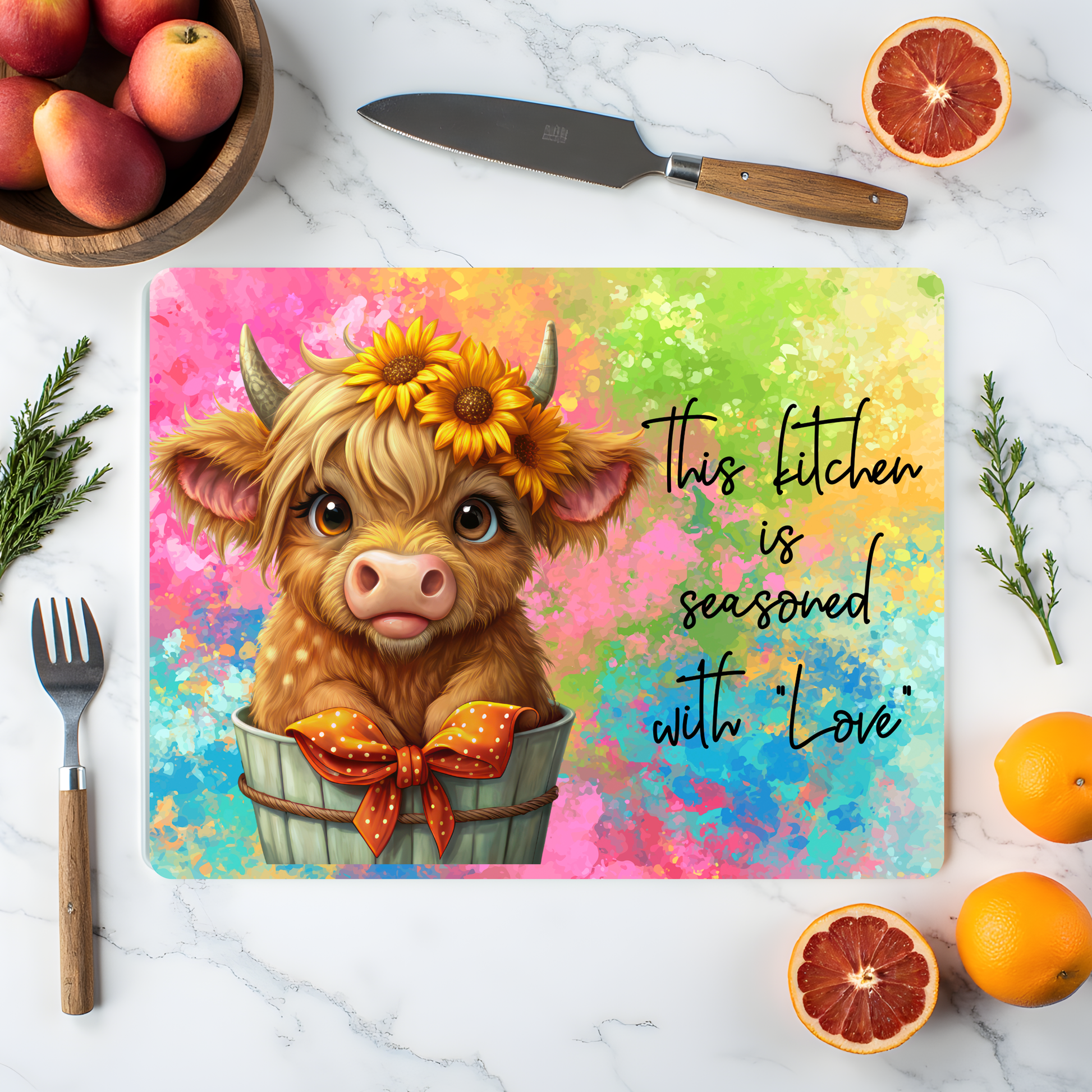 Colourful highland cow printed smooth finish tempered glass chopping board
