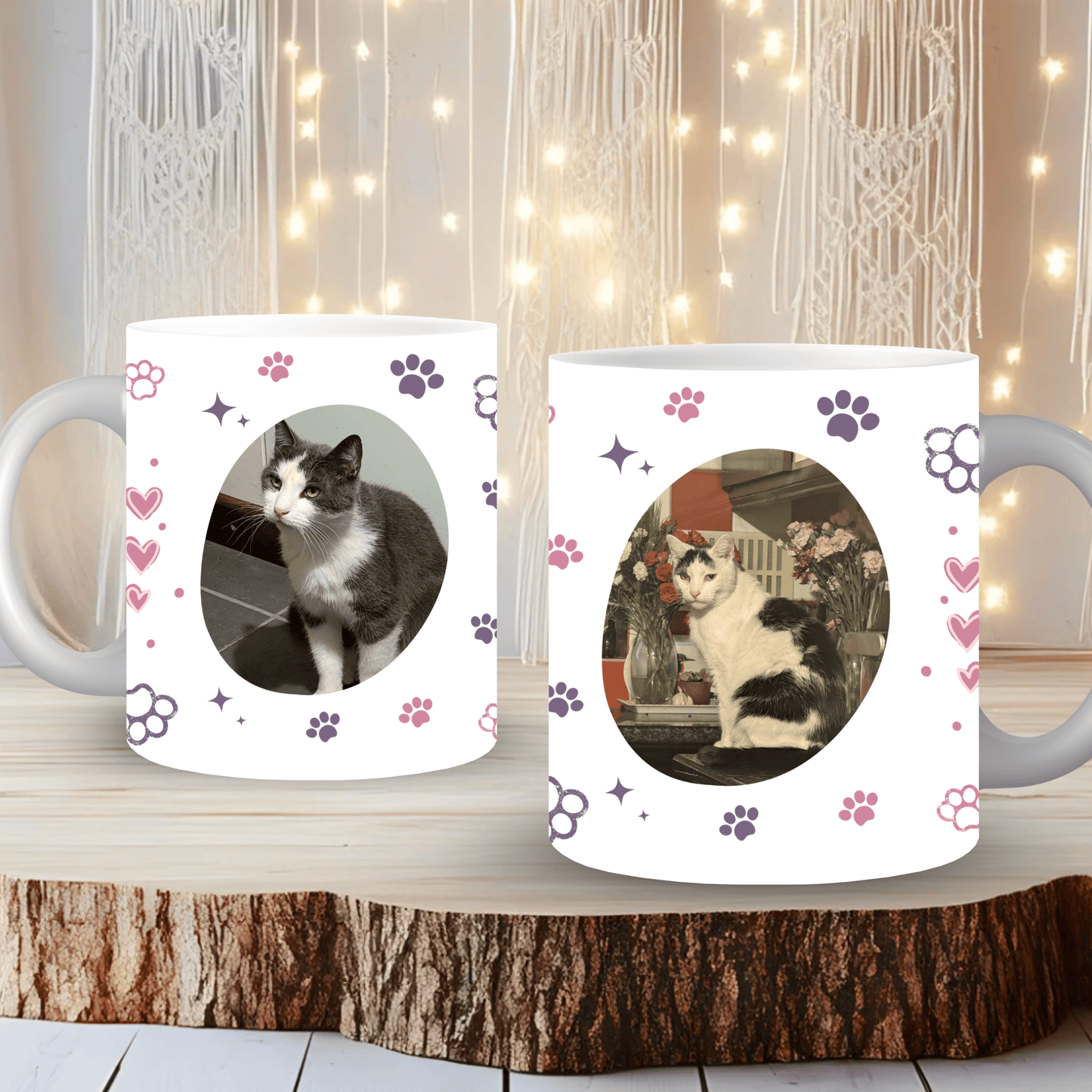 Close-up of pink and purple personalised pet mug showing vibrant photo print