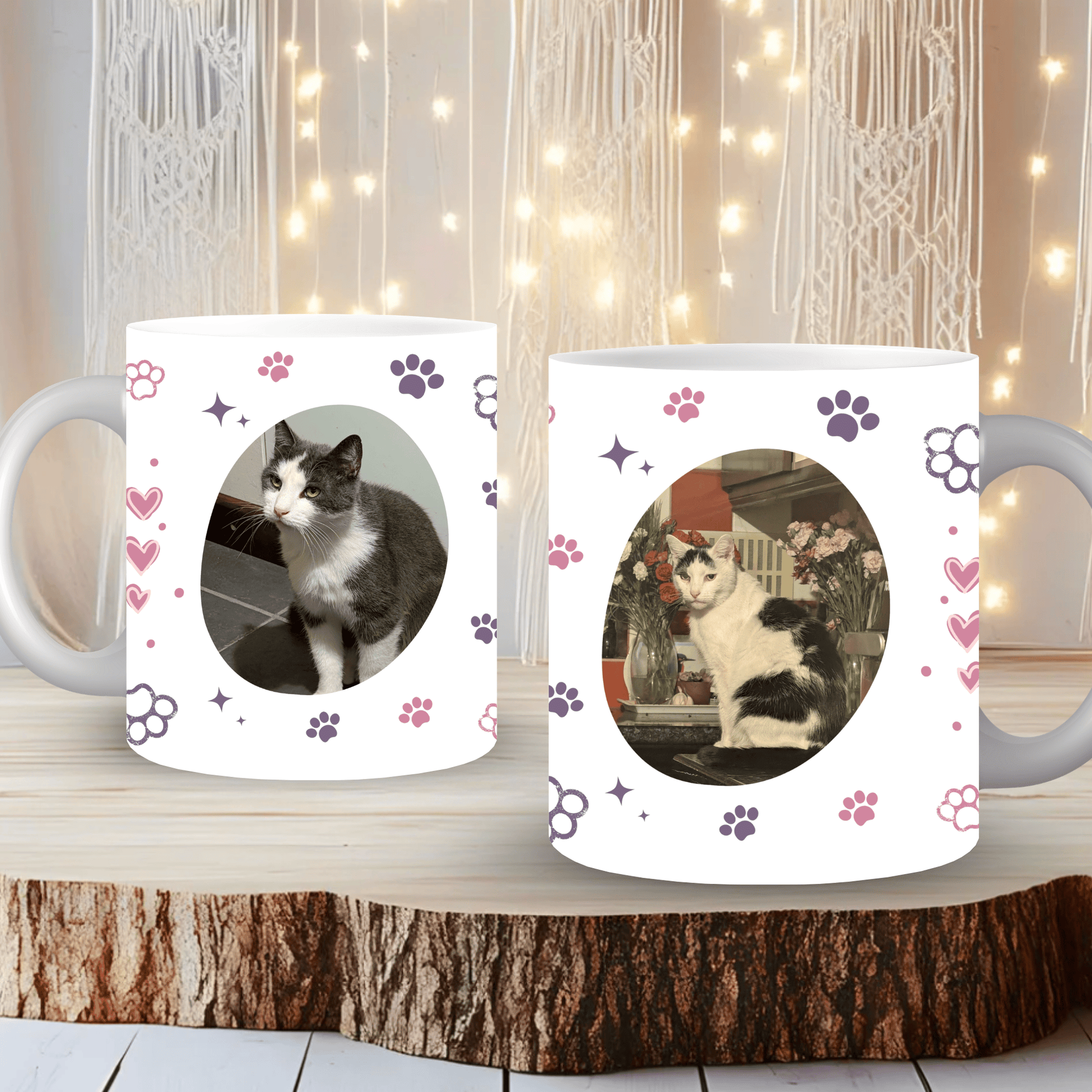 Close-up of pink and purple personalised pet mug showing vibrant photo print