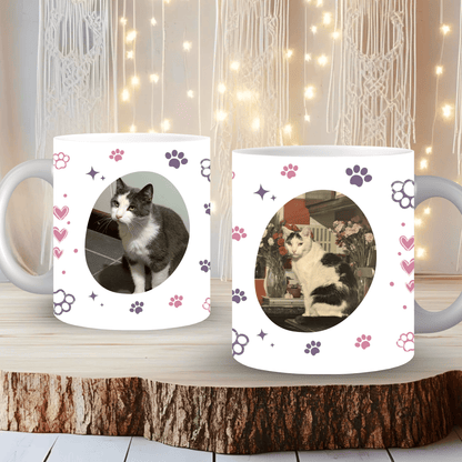Close-up of pink and purple personalised pet mug showing vibrant photo print