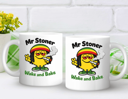 Mr Stoner Wake and Bake edition novelty ceramic coffee mug - left & right side view