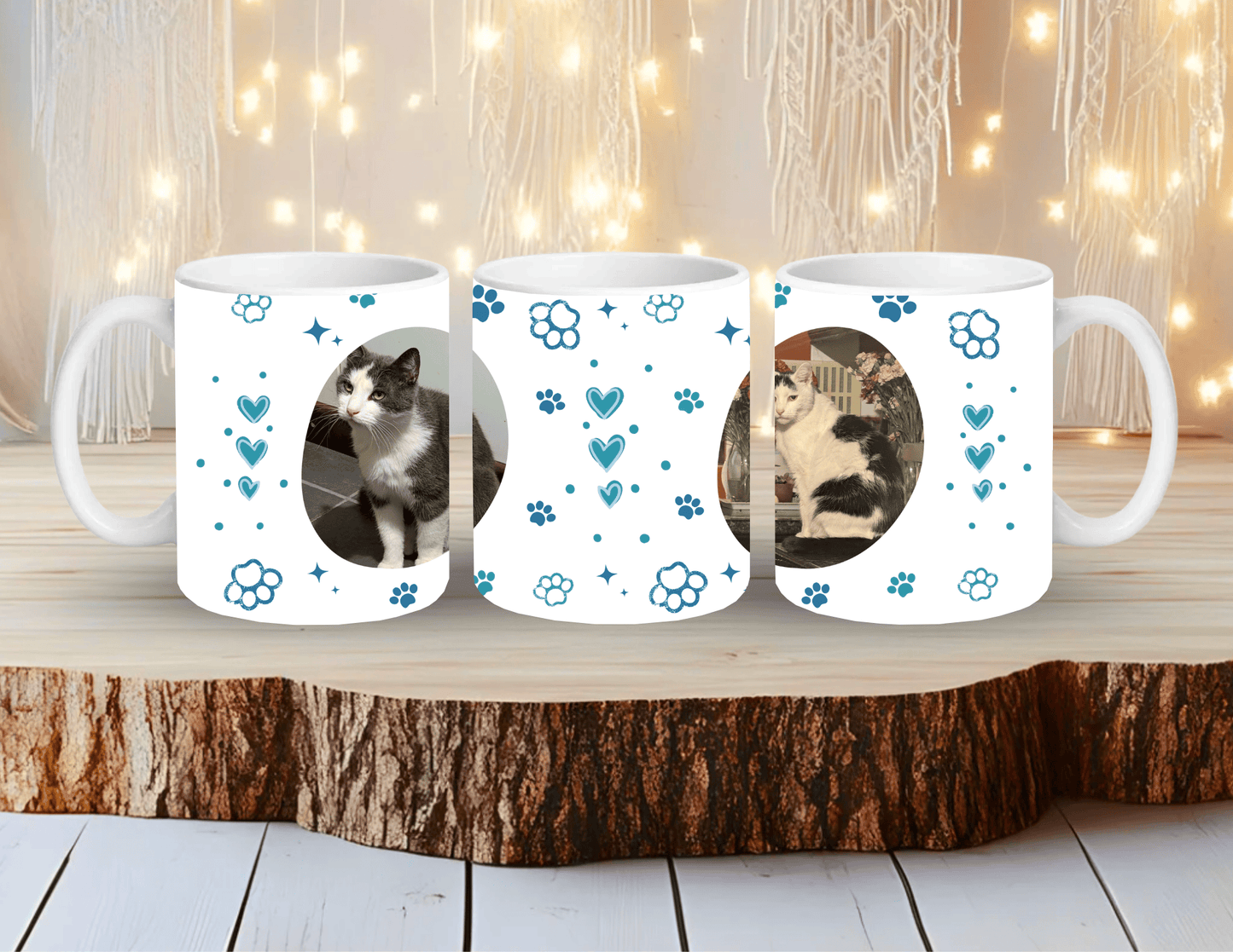 Personalised pet photo mug in blue with custom dog/cat print