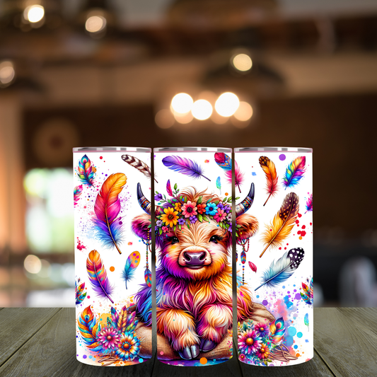 Boho highland cow and colourful feathers 20oz skinny tumbler wrap