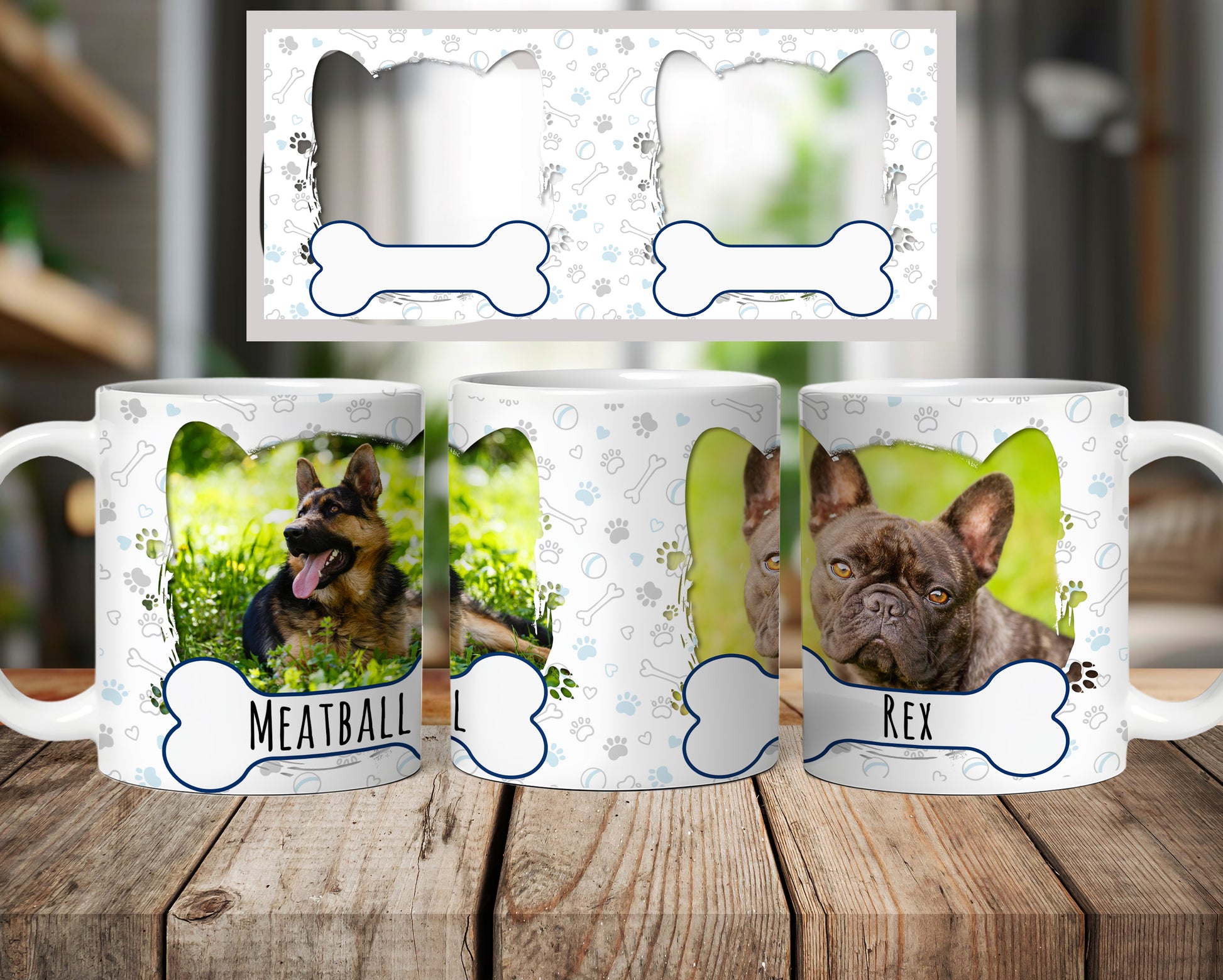 Personalised dog photo mug with two photos and dog's name printed on an 11oz white ceramic mug