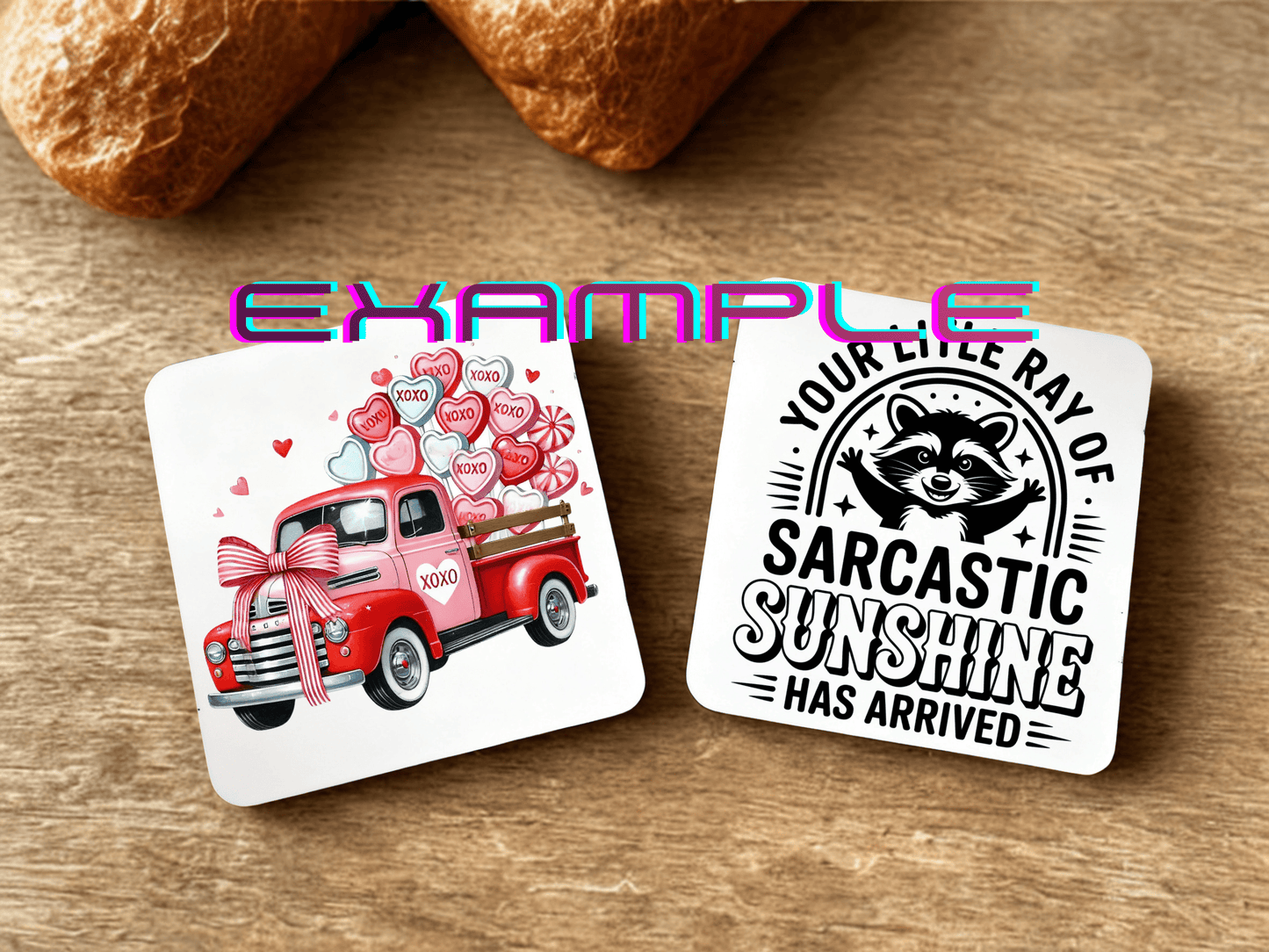 Pack of 2 personalised square cork-backed MDF coasters with custom text – example design shown
