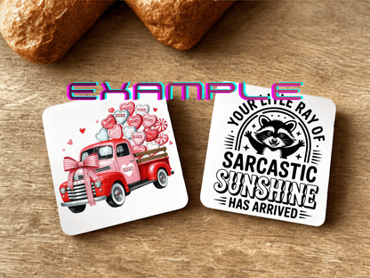 Pack of 2 personalised square cork-backed MDF coasters with custom text – example design shown