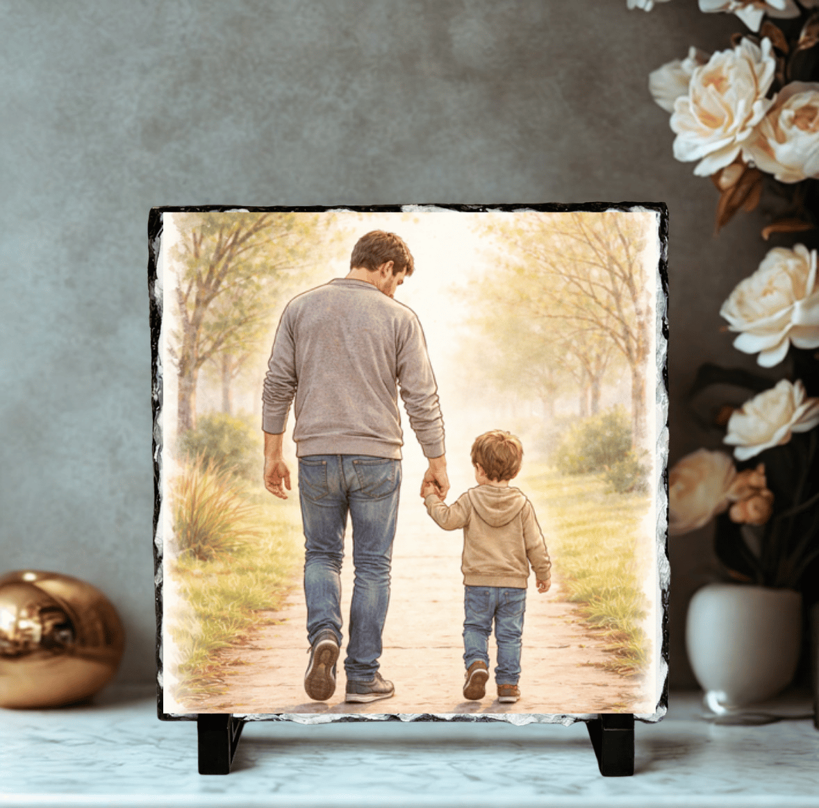 Personalised photo slate 19cm x 19cm with example photo and display stands
