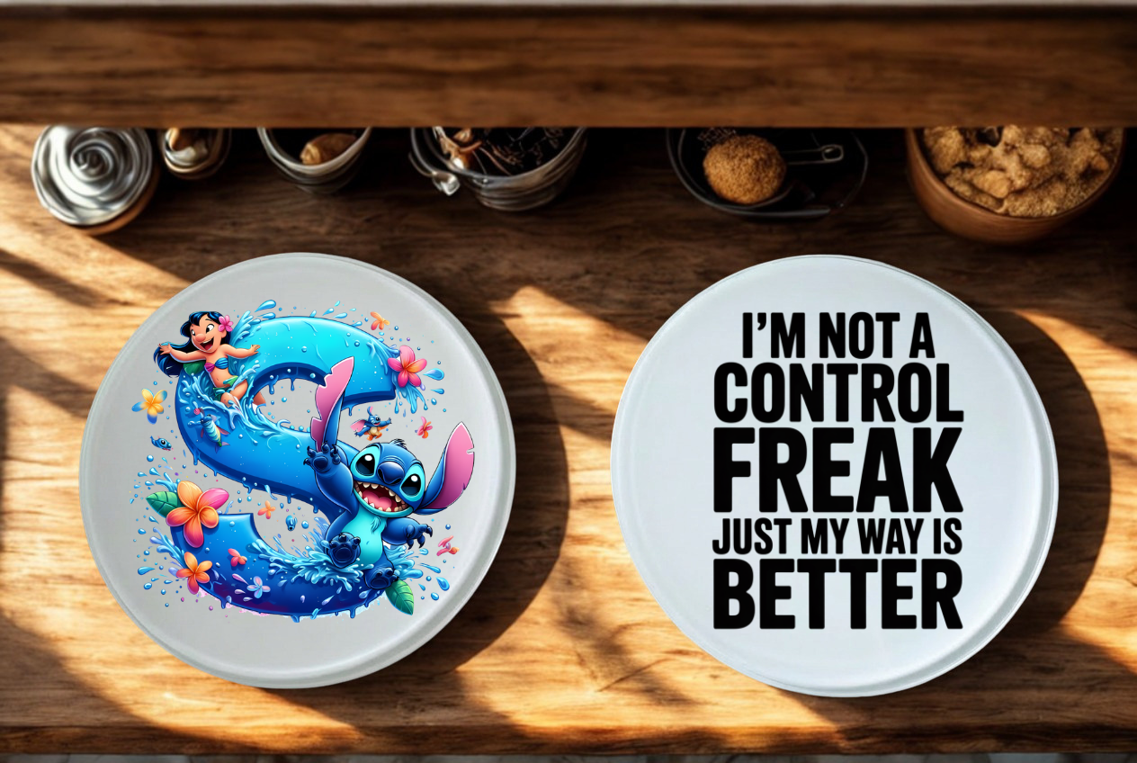 Round personalised glass coaster 10cm showing example personalisation