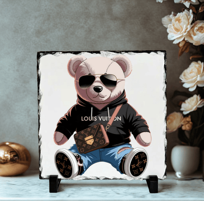 Personalised slate plaque 19cm x 19cm with custom photo and display stands