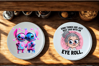 Personalised round glass coaster 10cm with custom design example"