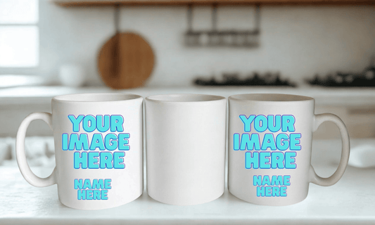 Personalised 10oz ceramic mug with slim handle, ideal for smaller hands – custom name or photo printing by Elysian Infused