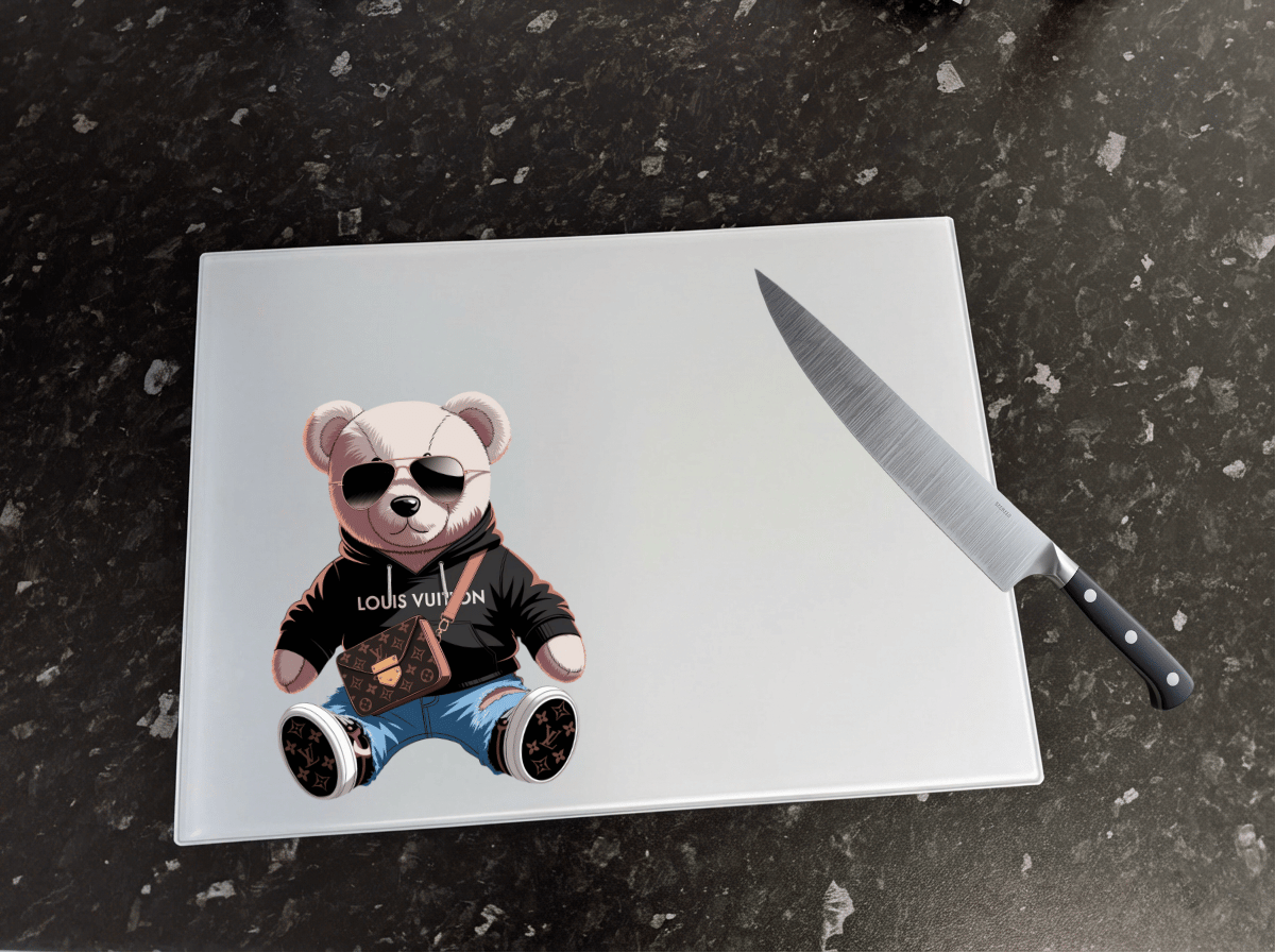 Custom glass chopping board with personalised photo print, heat resistant and easy to clean