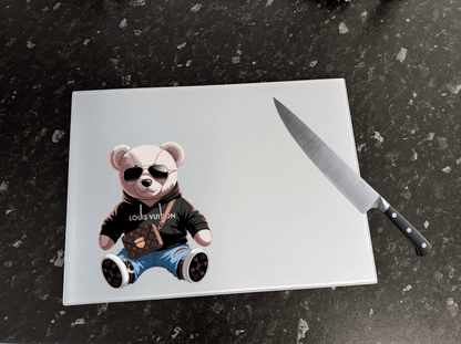Custom glass chopping board with personalised photo print, heat resistant and easy to clean
